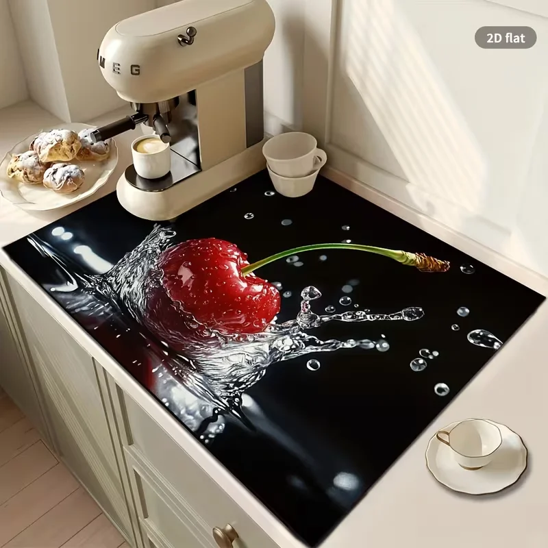 Watercolor Strawberry Print Coffee Station Pad Fresh Fruit Art Countertop Mat For Kitchen Counter Dining Table Home Decor
