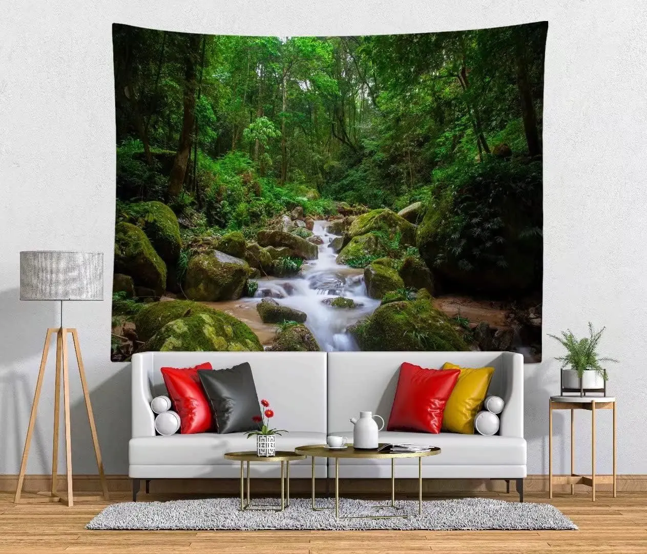 Forest Green Nature Tapestries Rainforest Landscape Tapestry Wall Hanging Tropical Jungle Mountain River Stream Scenic Tapestry