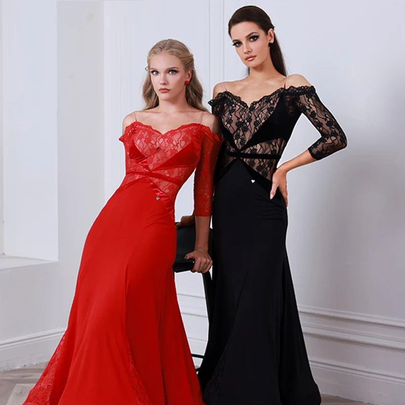 

Стандартное платье для бальных танцев, женские платья для вальса, современный сценический костюм для танго, черное кружевное бальное платье для бальных танцев