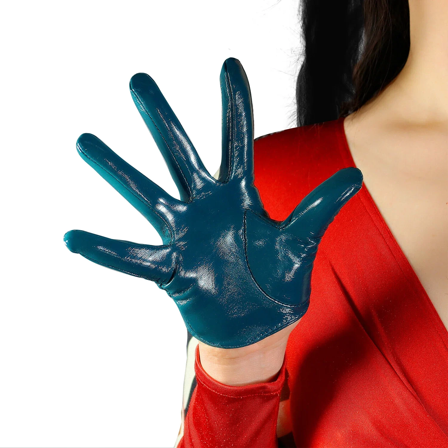 

DooWay Half Palm LATEX GLOVES 13cm EXTRA SHORT Faux Patent Leather Teal Peacock Blue Fashion Show Nightclub Motorcycle Glove