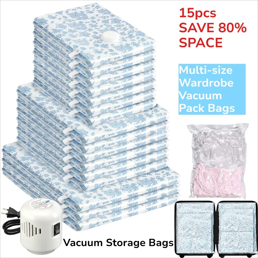 15Pcs Beige Leopard & Pink Plaid Vacuum Storage Bags with Electric Pump, Multi-size PA+PE Reusable Vacuum Seal Compression Bags, Space Saver for Closet Clothes Blankets Travel