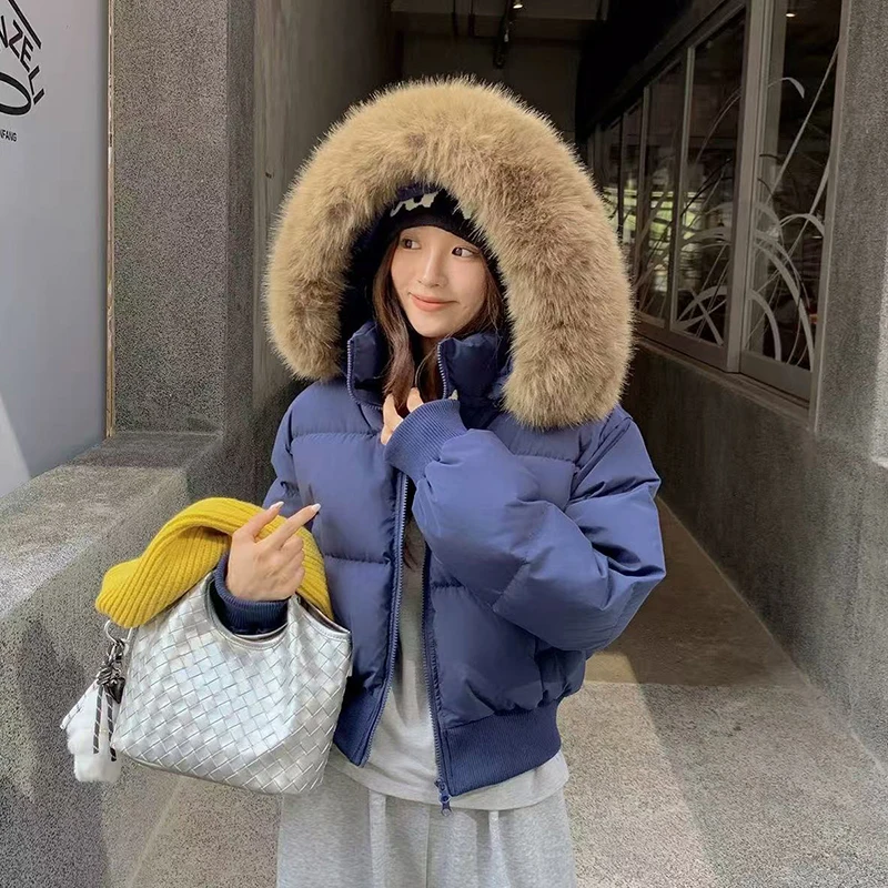American Fur Collar Parkas Coats Women Y2K Winter Thick Warm Loose Crop Down Jacket Retro Streetwear Zipper Bread Outerwear New