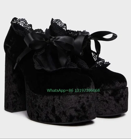 

Lady Sexy Black Lace Design Platform Pumps Chunky Heel Lace-Up Runway New Arrive Y2K Style Lonita Cosplay Platform Boots Size 46