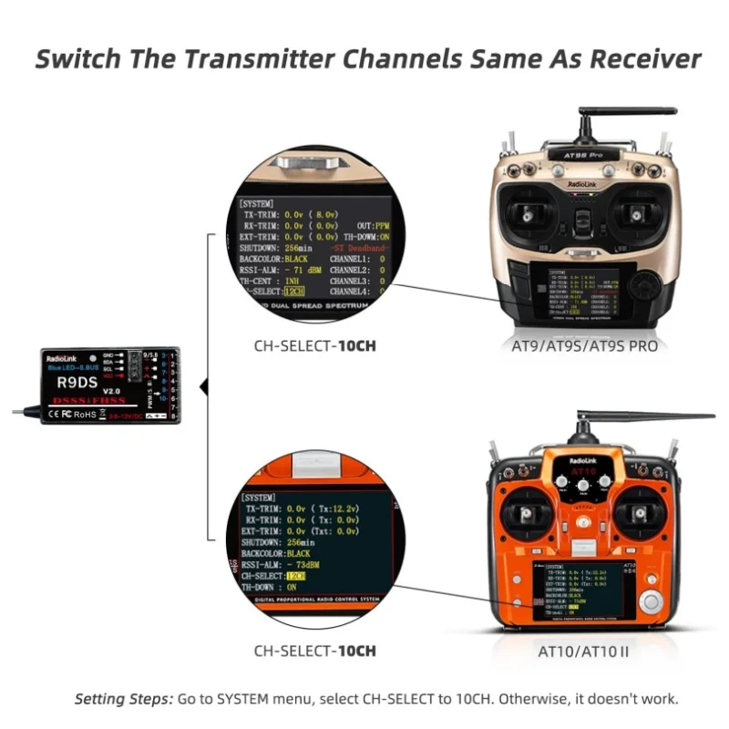 Radiolink R9DS 10 CH 2,4 GHz RC-ontvanger SBUS PWM Lange afstandsbediening voor vliegtuigauto Multirotors Fit AT9 AT10 AT9S AT10II