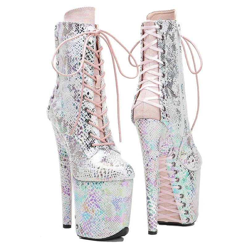 Leecabe  20CM/8inches ankle boots glitter and lace up upper  fashion for  lady party  High Heel platform Pole Dance boot