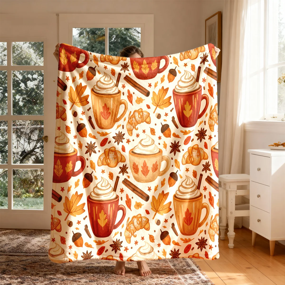 2D Flat Print, 1pc Autumn Season Decorative Throw Blanket/blanket, Featuring a Printed Design with Hot Beverage Coffee, Croissan