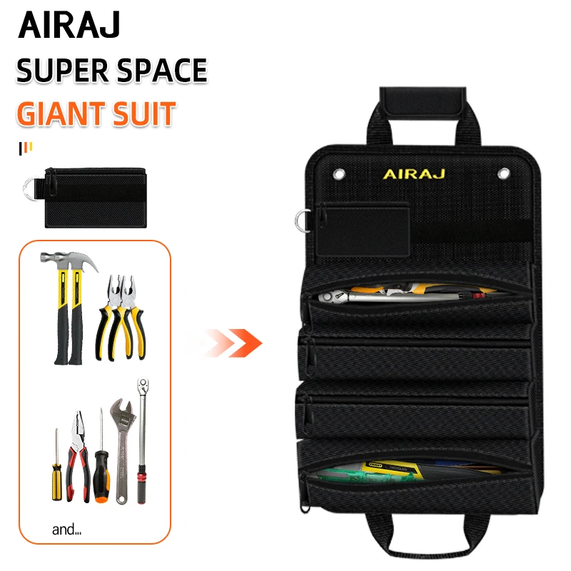 AIRAJ Sac à outils enroulable de 18 pouces, 4 grandes poches fixes et 2 petites poches détachables, organisateur multi-outils en tissu Oxford ﻿