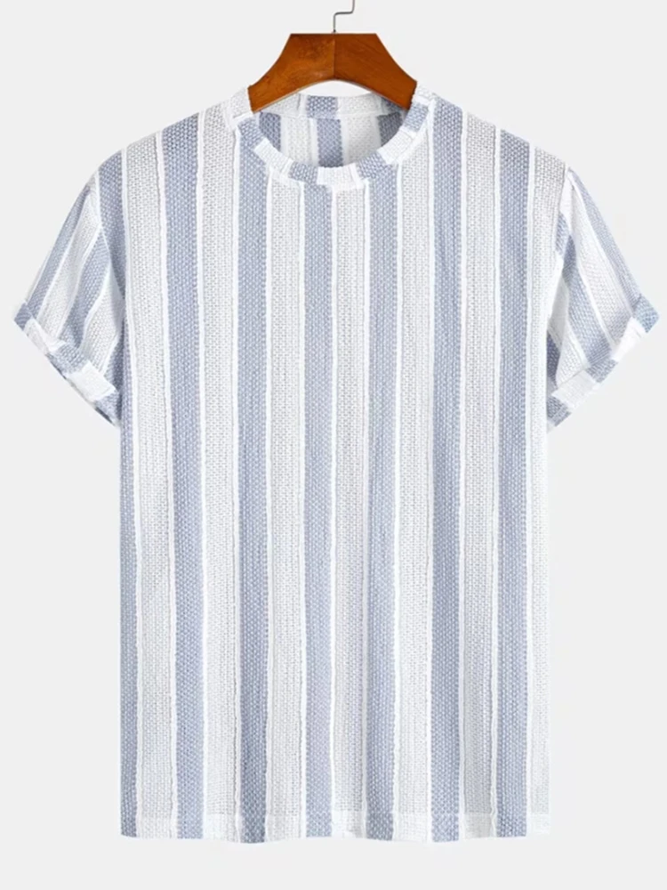 Daily Leisure O Neck Mens Shirts Summer Holiday Hollow Out Breathable Short Sleeve Tee Vintage Striped All-match Men Pullover