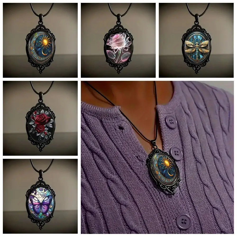 Creative Gift Vintage Gothic Glass Pendant Sun Moon Style Flower Pattern Halloween Rope Chain Jewelry Accessories