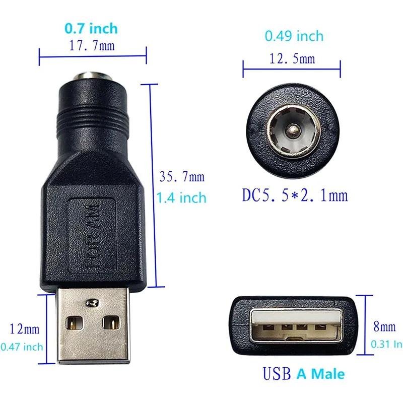 1Pc USB-A to DC 5.5x2.1mm Power Adapter Tip Cable, Male/Female DC Jack Connector for 5V