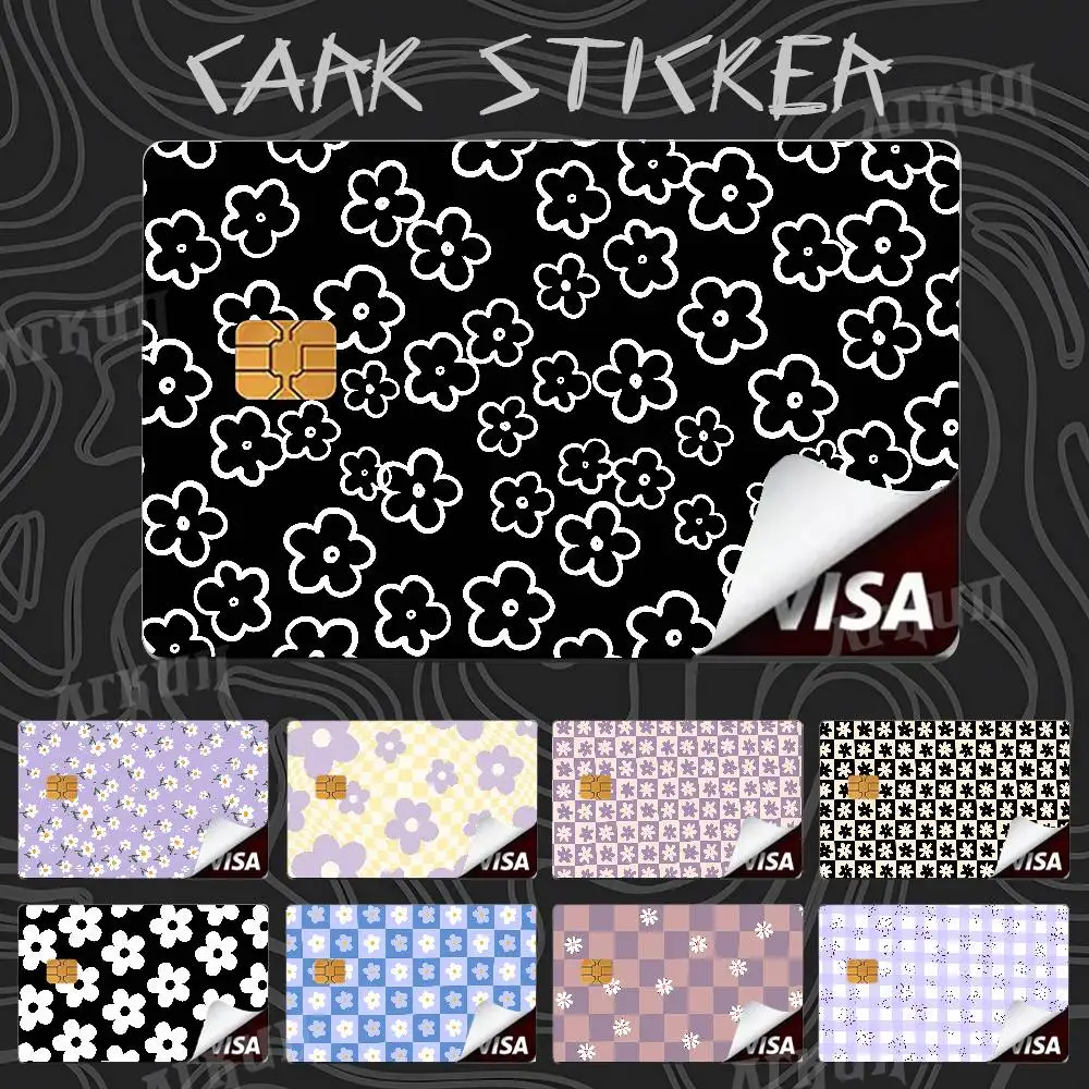 Cute Pastel Floral Checkerboard Card Skin Sticker, Aesthetic Daisy Flower Grid Pattern Card Decal Cover Bank Debit Credit