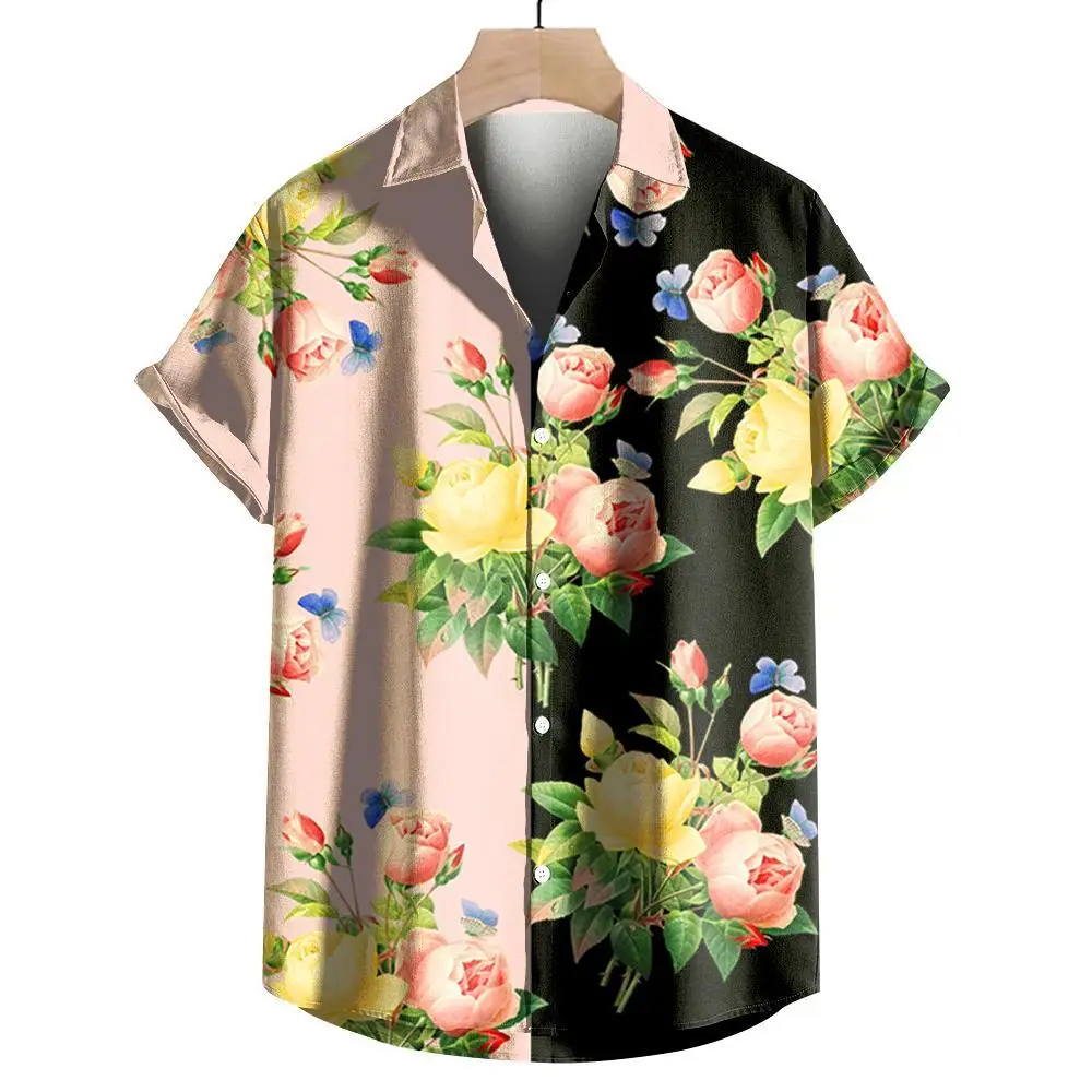 Camisa havaiana casual masculina, manga curta, roupa original de homem, camisas extragrandes, estampada em flores 3D, verão