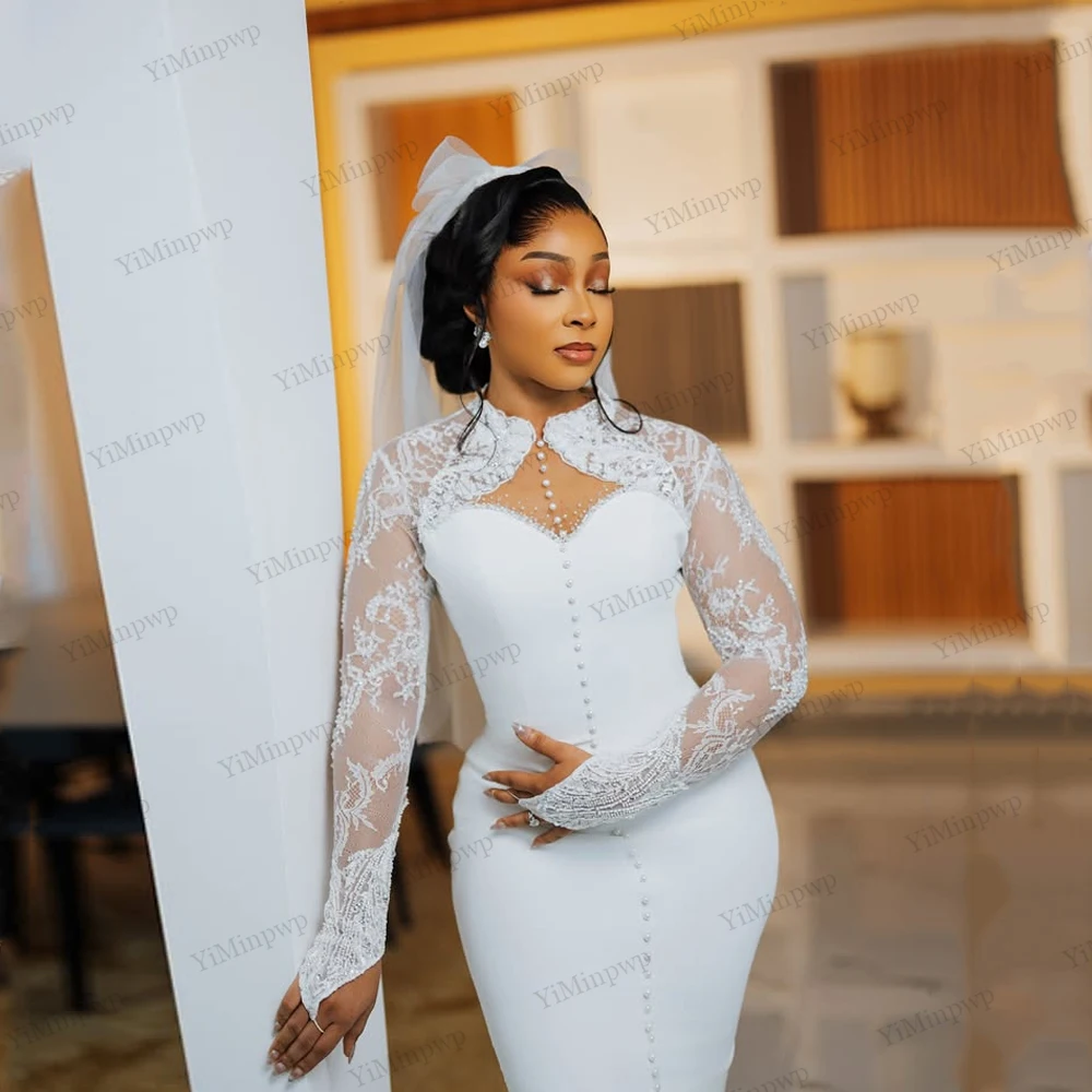 Civil Wedding Dresses for Bride 2026 O-Neck Full Sleeve Tea Length Aso Ebi Nigeria Lace Bridal Reception Dresses Customized