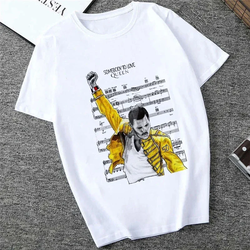 Freddie Mercury Short Sleeve The Queen Band Graphic Print  T Shirt Nostalgia Fashion Casual  Crew Neck  T Shirt Women