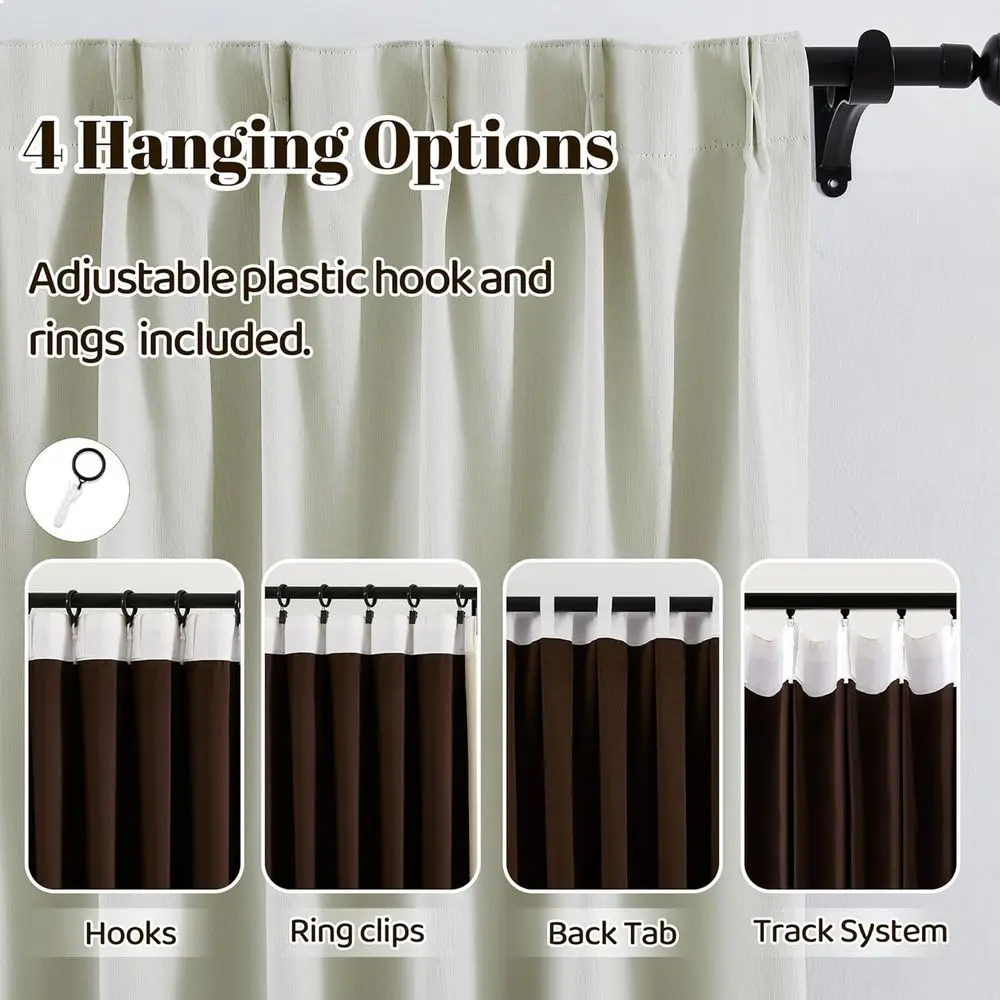 ستائر تعتيم من الكتان العاجي مقاس 40 × 95 مع خطافات، موفرة للطاقة، لوحتين، بطول 95