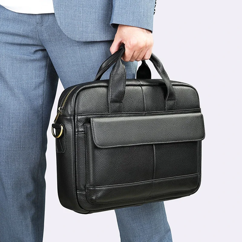 Luxury Briefcase Top Layer Cowhide Genuine Leather Men's Office Vintage Business High Quality Shoulder 15.6 Inch Laptop Bag