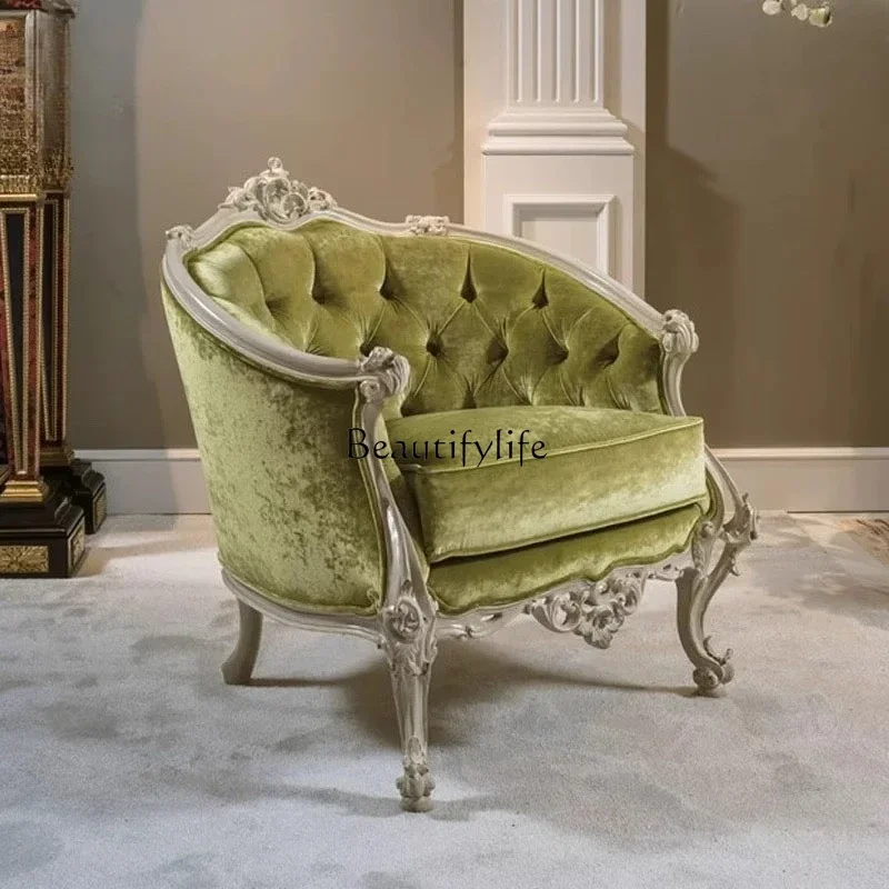 LXFrench solid wood carving flower single sofa chair cloth art pull button living room small apartment European court leisure so