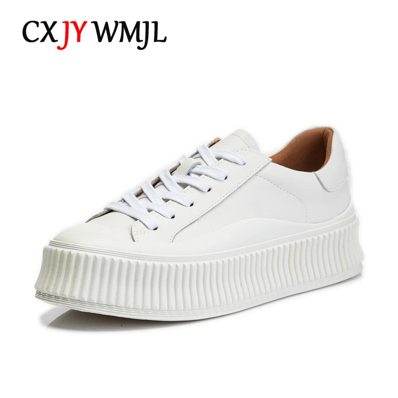 CXJYWMJL Genuine Leather Women Platform Sneakers Autumn Casual Vulcanized Shoes Ladies Thick Bottom Sports White Skate Shoes