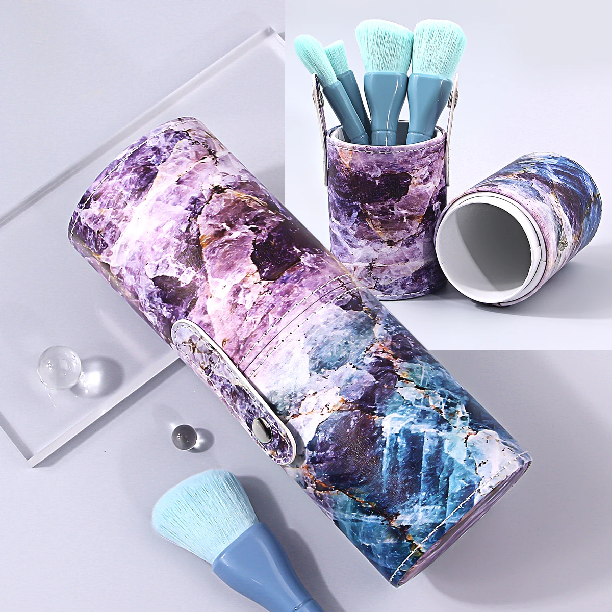 Balde de armazenamento de pincel de maquiagem PU com estampa de leopardo com tampa, design portátil, balde de maquiagem, lápis de sobrancelha e cilindro de armazenamento de batom