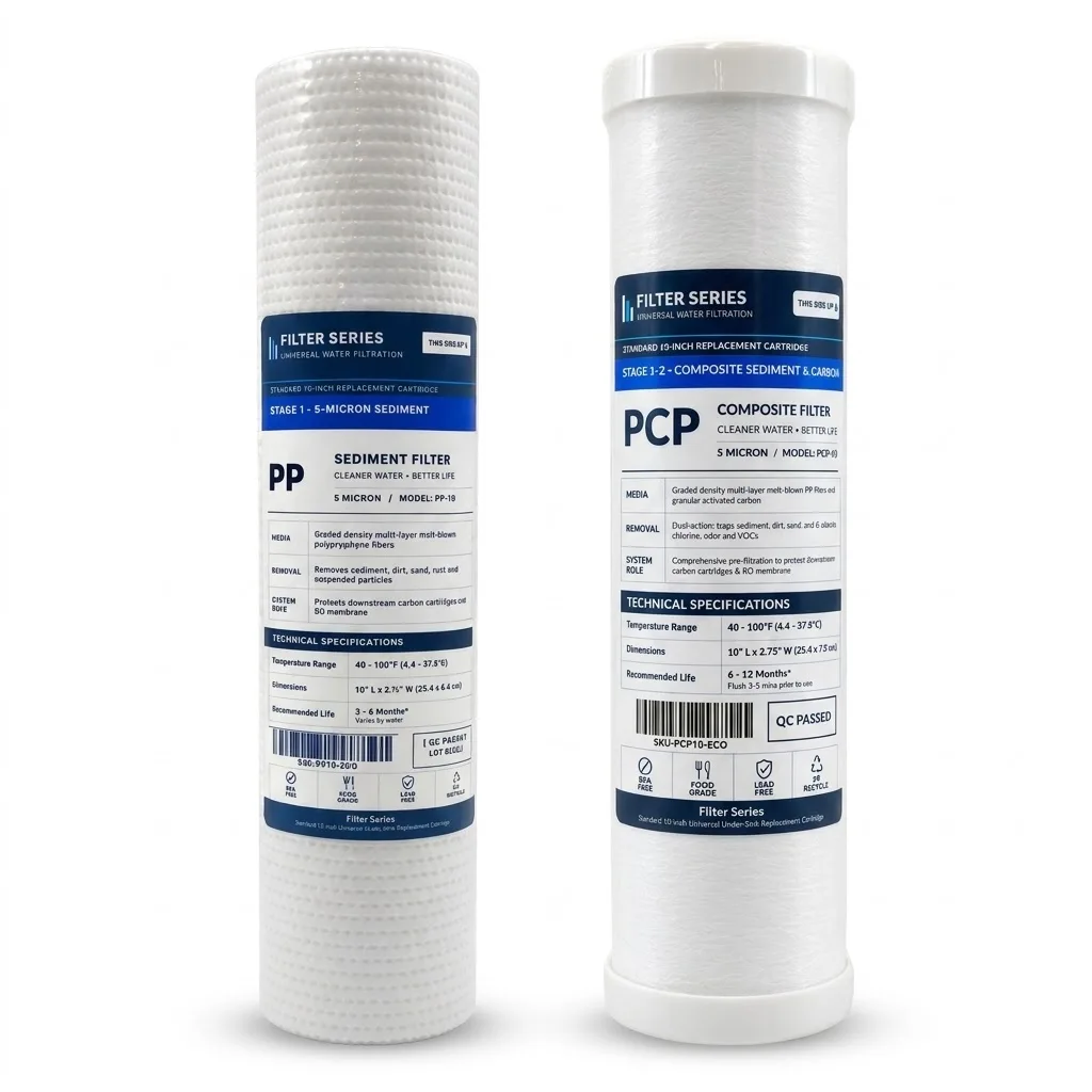 Universal 10 Inch Under Sink Water Filter Cartridges Set 5 Micron PP Sediment PCP Composite Carbon 2 PCS Fits Standard 10x2.5