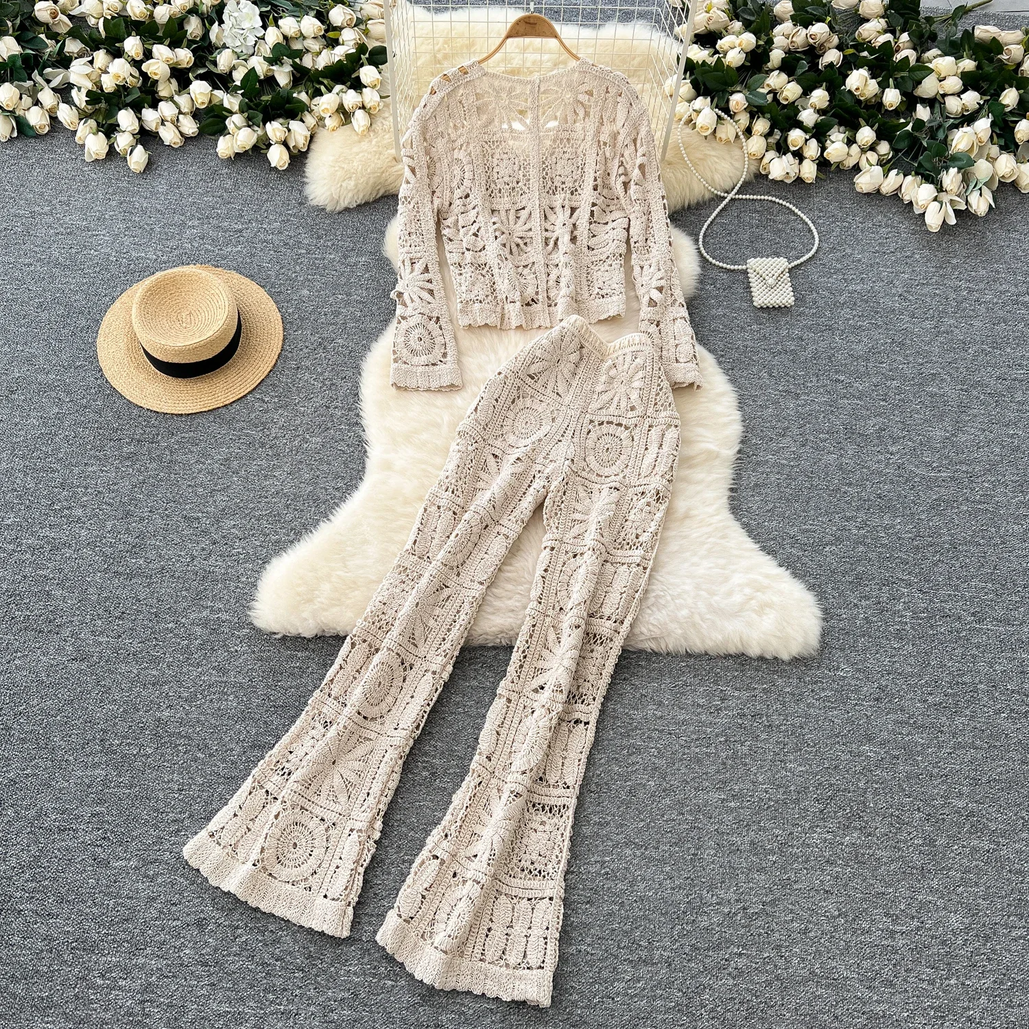 Chic Hook Flower Hollow Women Two-Piece Sets Vintage V-neck Top High Waist Pants French High Street Autumn Winter Knit Clothing