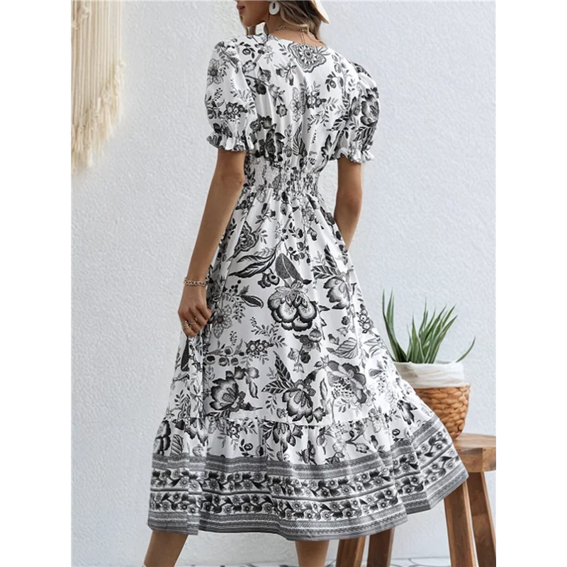 ABRT-Vestito lungo fluido casual da donna con maniche a sbuffo estivo 2025, stampa floreale Boho