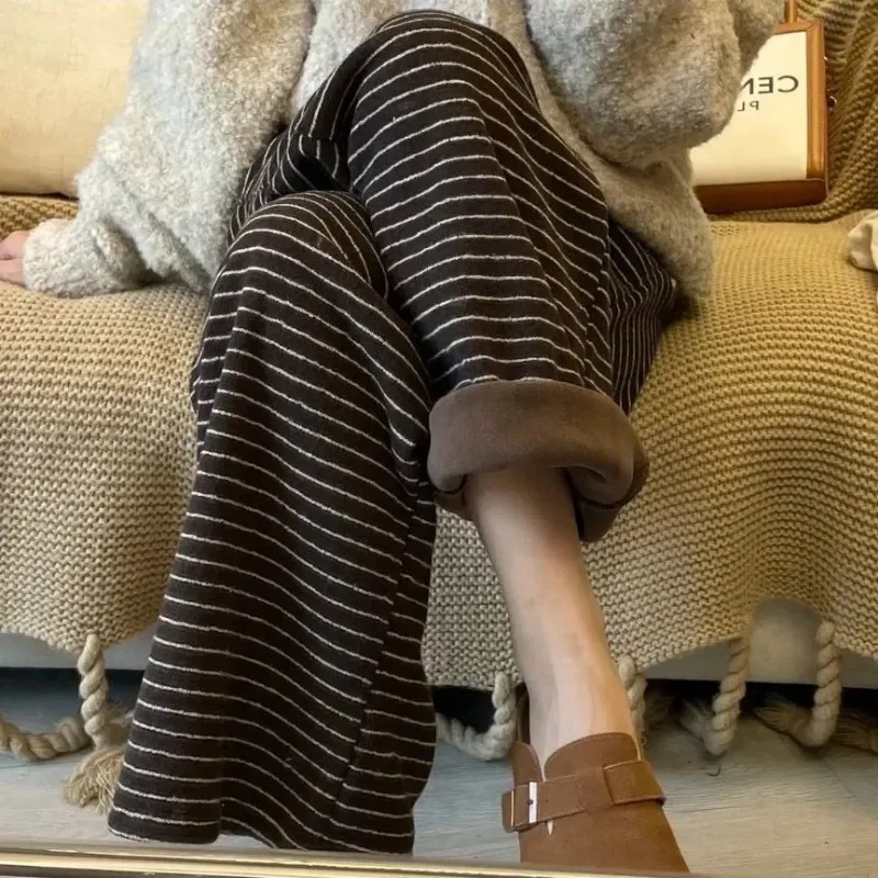 الخريف والشتاء جديد دافئ الرجعية مخطط سراويل تقليدية مع الصوف المرأة النسخة الكورية عالية الخصر مستقيم الساق بنطال ذو قصة أرجل واسعة #4