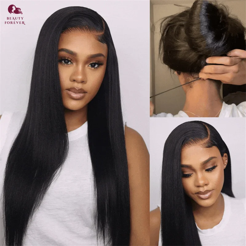 Beauty Forever New Drawstring Yaki Straight Glueless Wig Bye Bye Knots Wear and Go Yaki Straight Lace Front Human Hair Wig