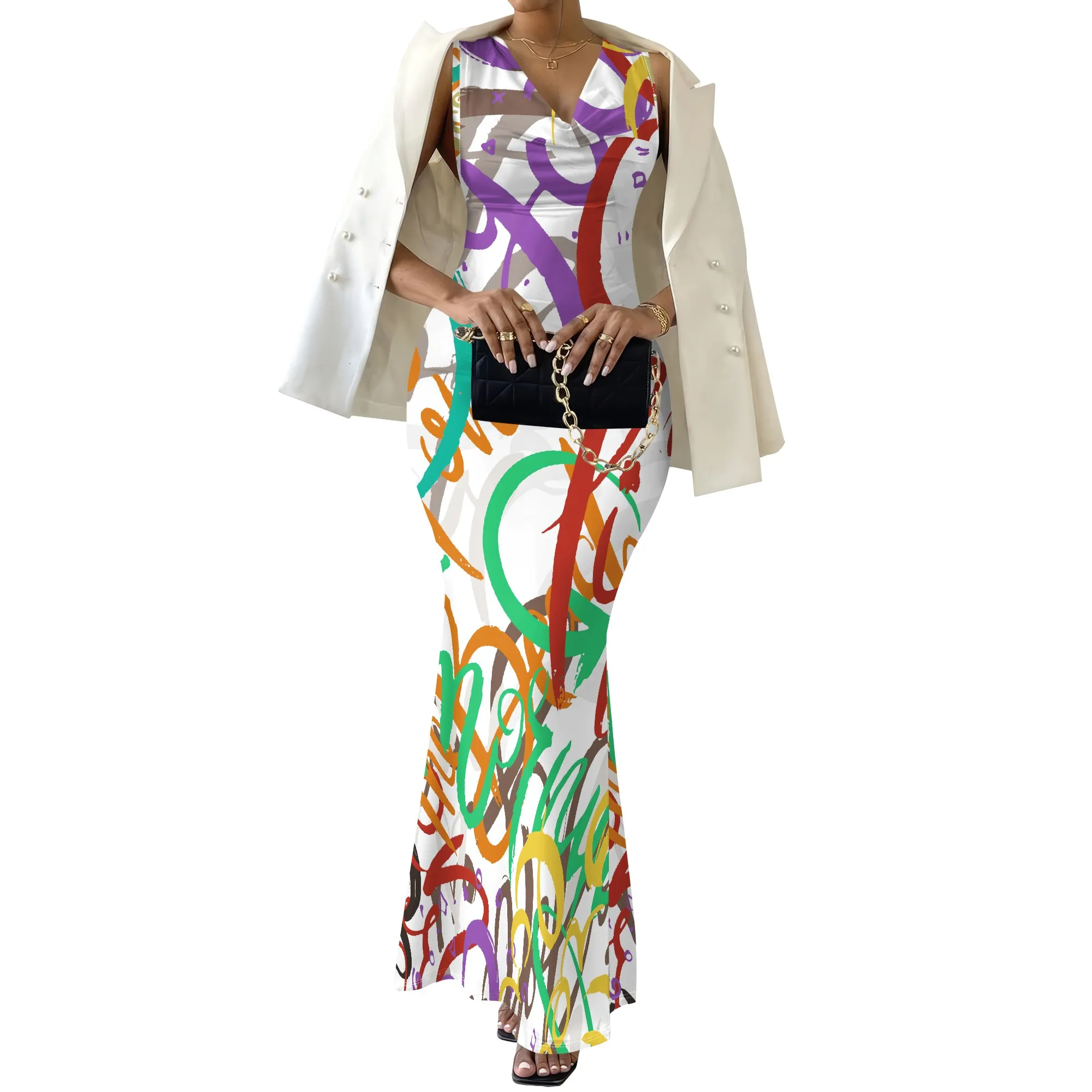 V-Neck, Maxi Dress, Abstract Print Bodycon, Colorful Pattern Mermaid Hem, Party Clubwear, XS-2XL