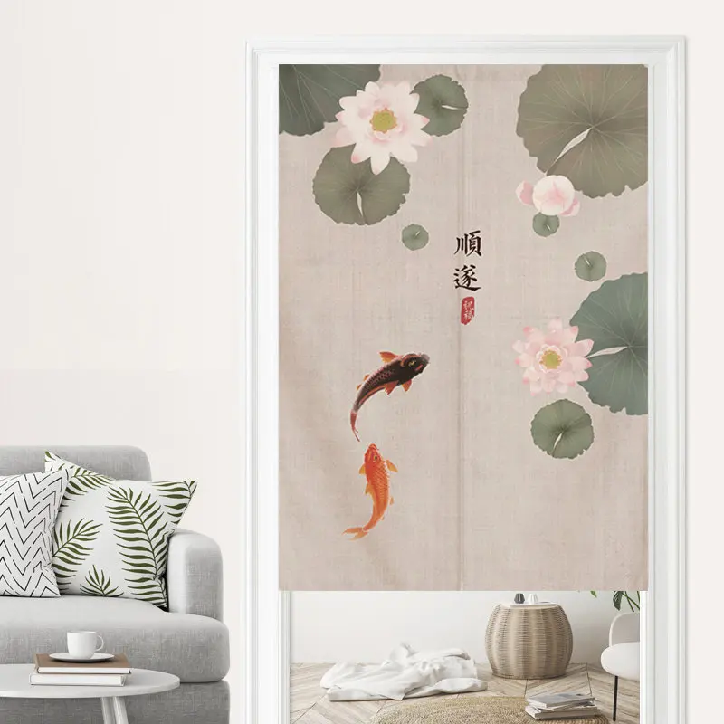 VIKAMA New Chinese Ink Lotus Koi Fish Noren Door Curtain Rod Pocket Living Tea Room Oriental Fabric Partition Hanging Curtain