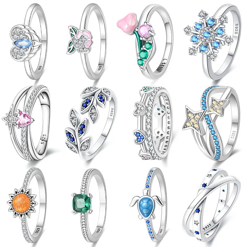 Novo Anel Original de Prata Esterlina 925 com Zircônia Brilhante em Formato de Coração e Flor para Mulheres, Ideal para Casamentos, Festas e Presentes de Joias