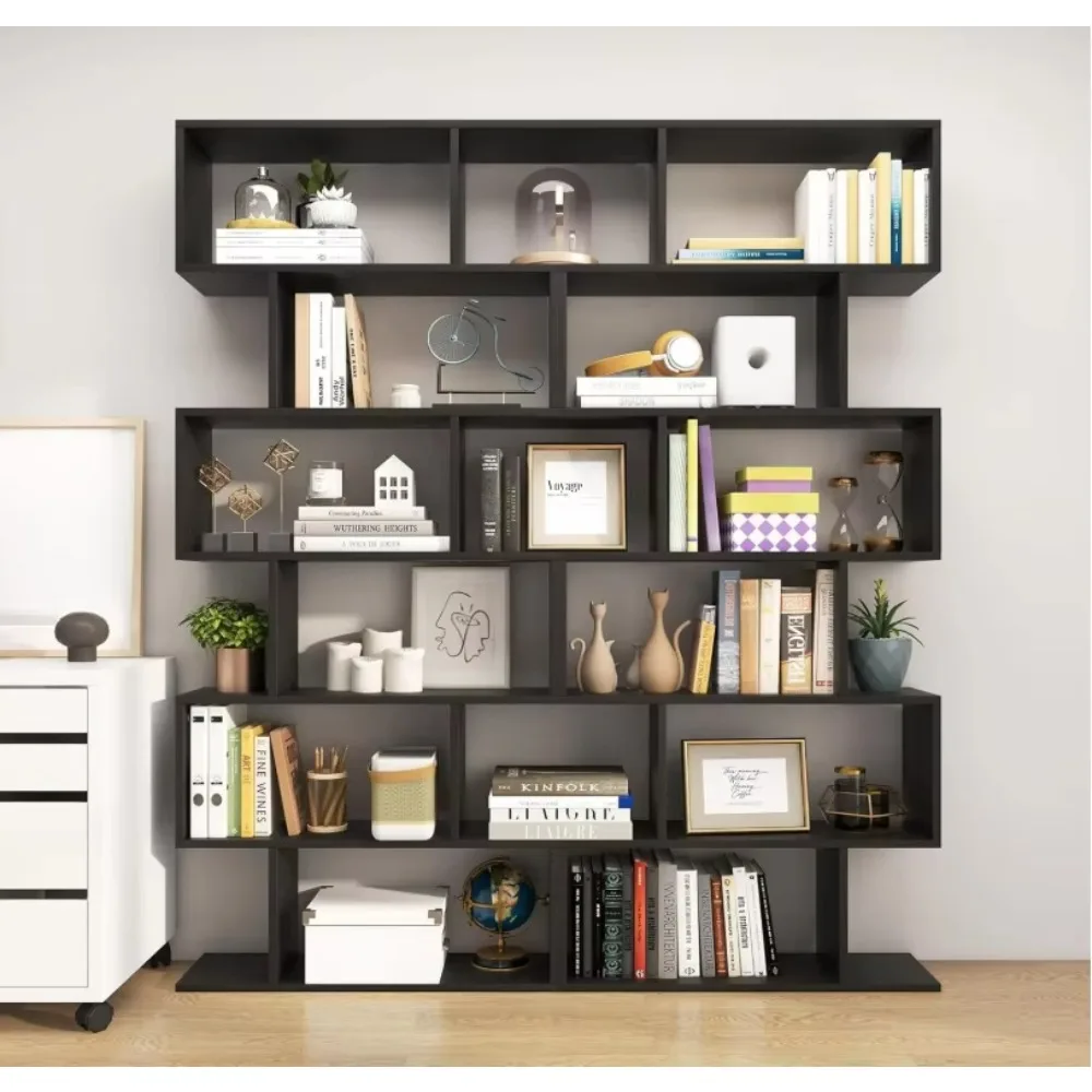 6-Floor S-shaped Bookshelf Wooden Bookcase and Bookshelf with Anti-dumping Device, Living Room Partition Display Bookshelf