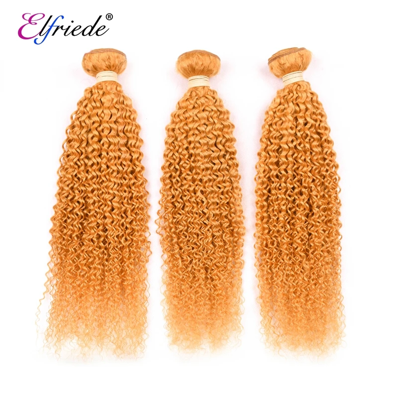 Elfriede Orange Kinky Curly Colored Hair Bundles with Frontal Transparent 100% Human Hair Wefts 3 Bundles with Lace Frontal 13x4