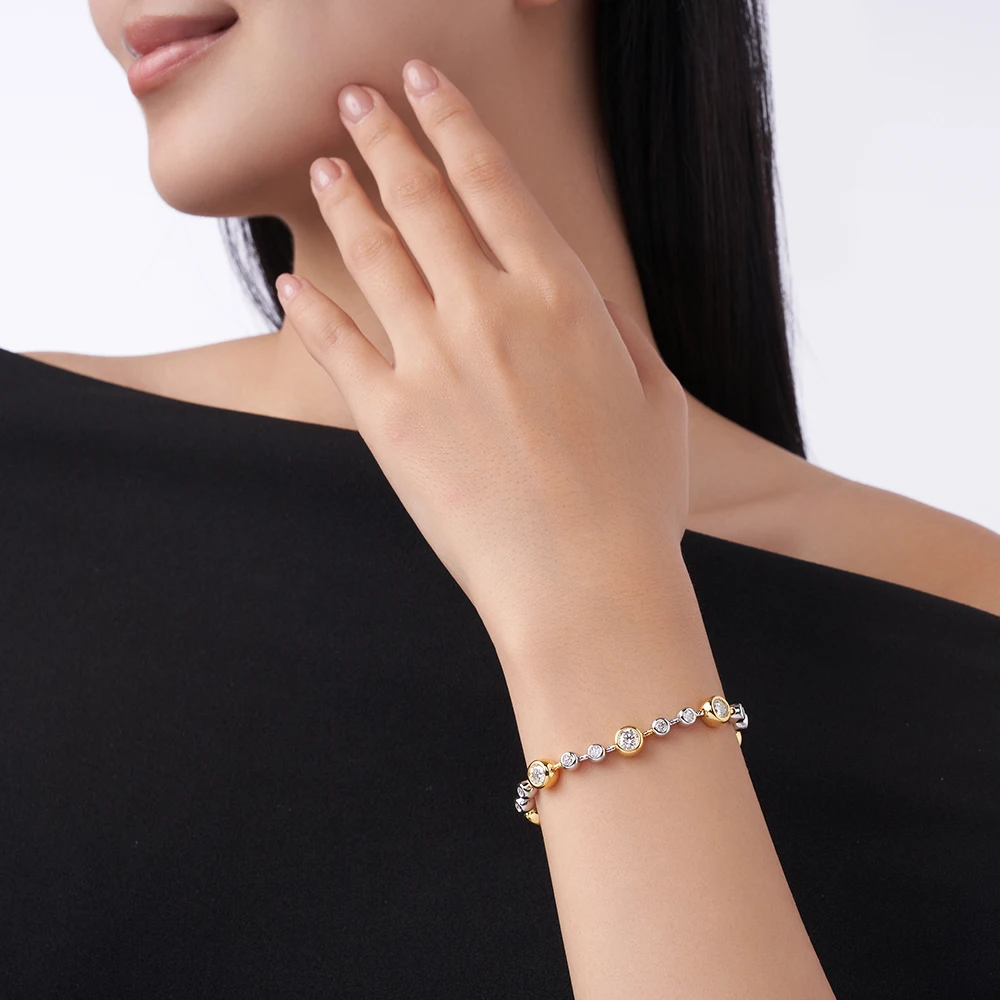 1pc Moissanite Bracelet 925 Sterling Silver and 18K Gold Plated Two Tone Round Cut Tennis Chain Elegant Jewelry Gift
