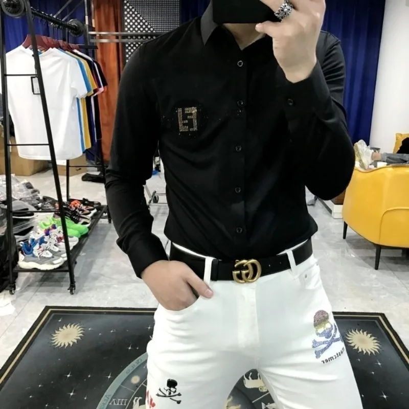 Men's clothing spring and autumn high quality y2k letters hot drilling long sleeve shirt handsome slim shirt