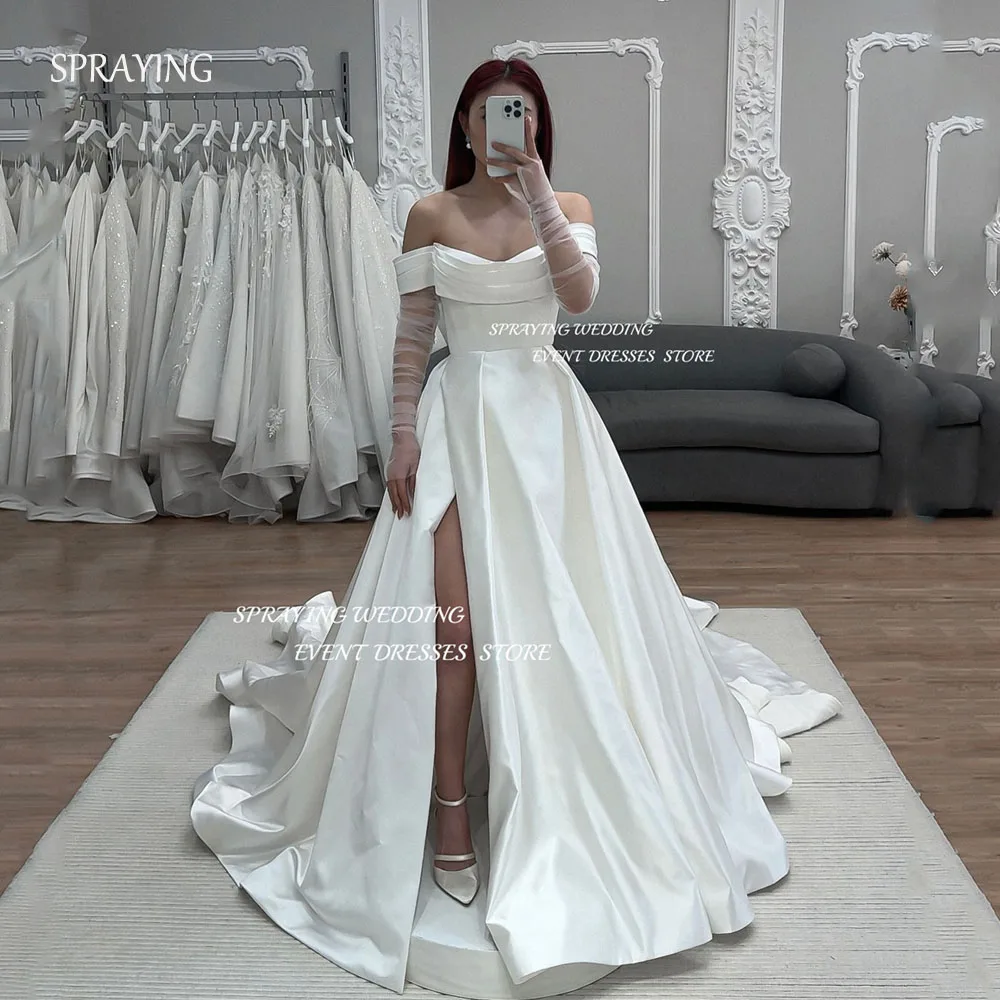 

SPRAYING Luxury Satin Wedding Gown Off the Shoulder Pleating Bridal Gown Long Side High Slit Vestidos De Novia Customized 2025