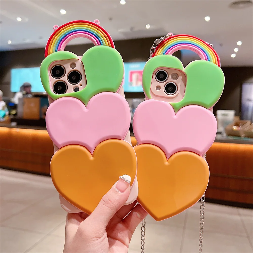 Trendy Girly Stacked Colorful Heart Rainbow Chain Case for 17 Pro Max Crossbody Strap Silicone Soft Cover for iPhone 16 15 14