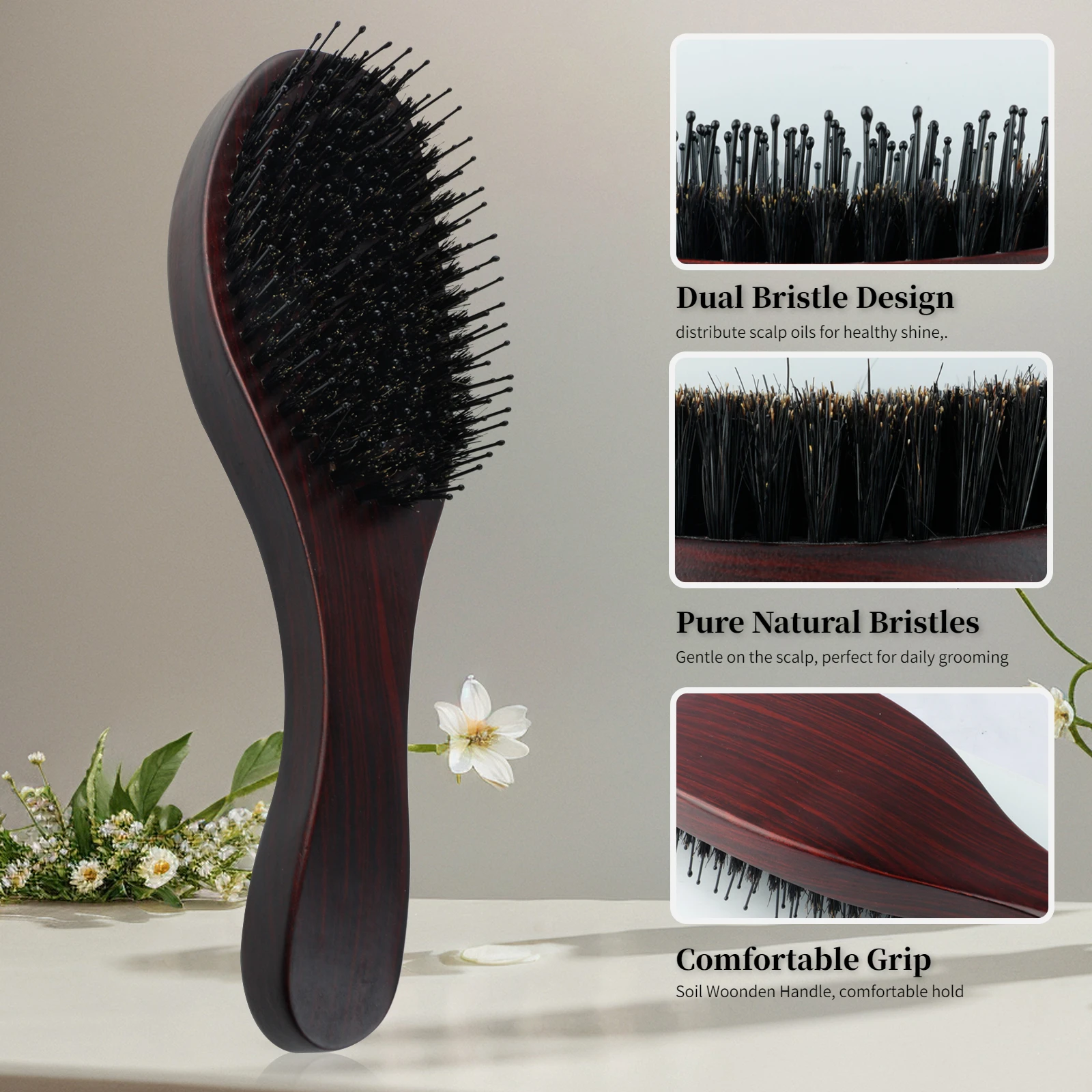 Boar Bristle Oval Shape Hair Brush Antistatic Oil Head Wave Brush Wood Handle Detangling Hair Care Comb Salon Hairdressing Tools image 3