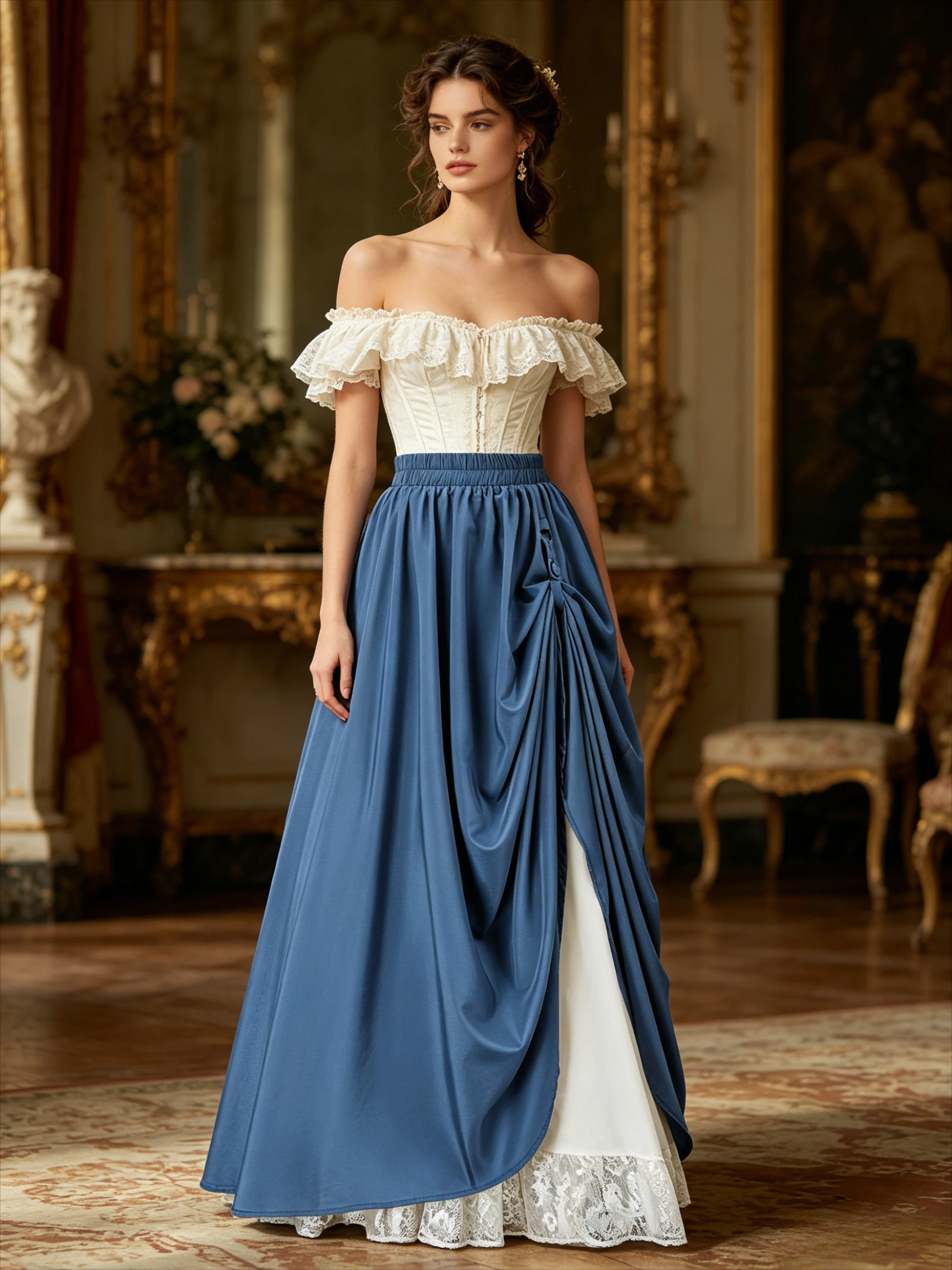 Womens Renaissance Flowy Fairy Skirts Lace Layer Ren Faire Maxi Skirt High Waist Medieval Pirate Skirt with Pocket