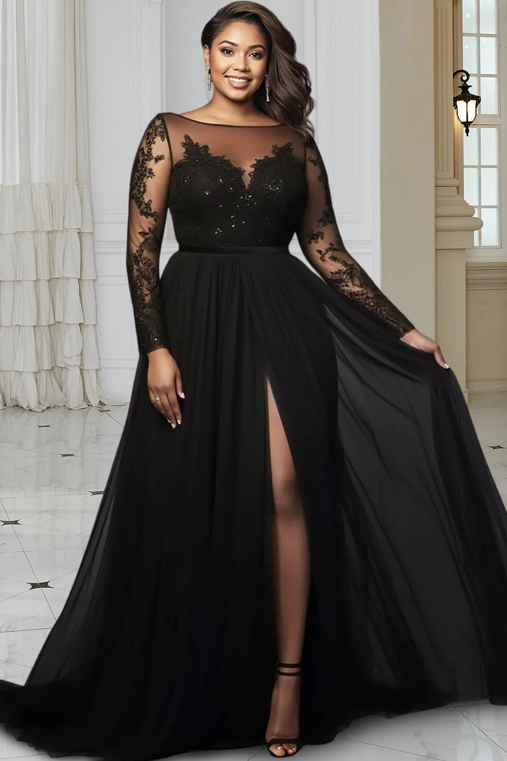 Plus Size Wedding Black Boat Neck Long Sleeve See Through Elegant Split Chiffon Lace Maxi Dresses