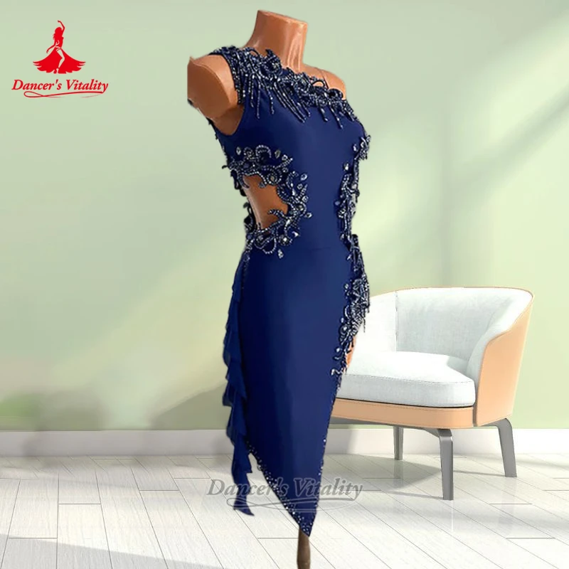 Teenagers Chacha Rumba Sleeveless Inclined Hem Dress Adult&Child Latin Dance Perform&Contest Clothes Customize Dancer's Vitality