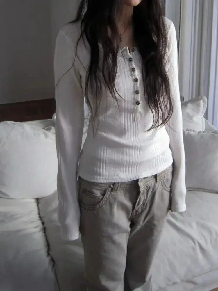 

Slim Henry Collar T-Shirt Female Summer Literary Button Long Sleeve Tees Stylish All Match Tops Woman Clothing