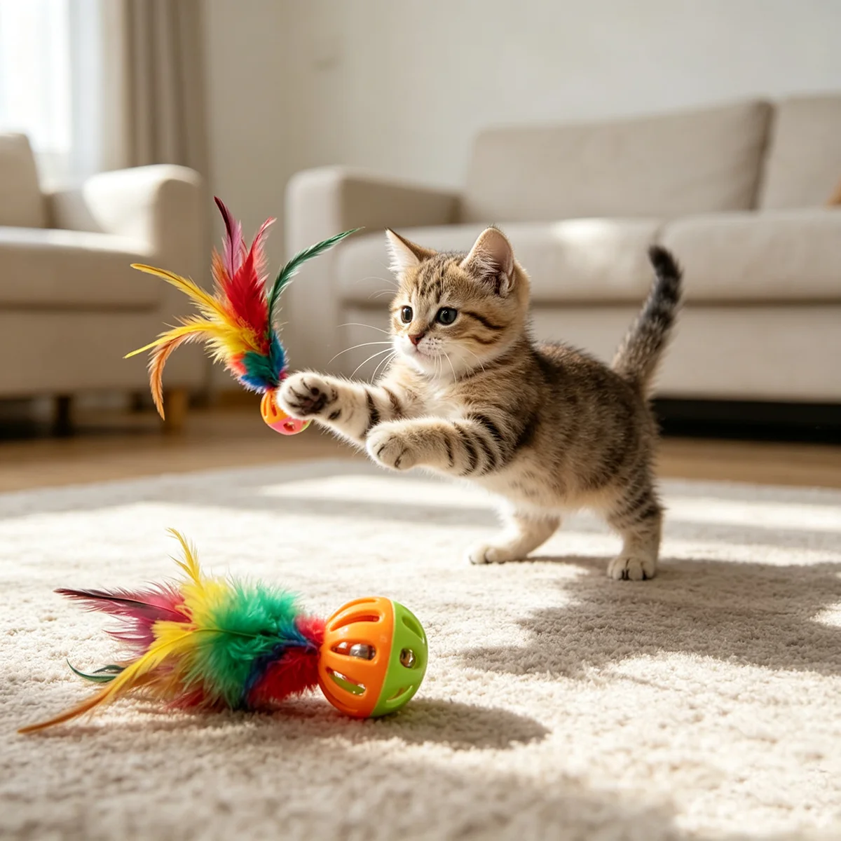 3pcs Feather Bell Teasing Cat Toy Set Colorful Feather Sound Making Hollow Ball Interactive Toy for Kittens