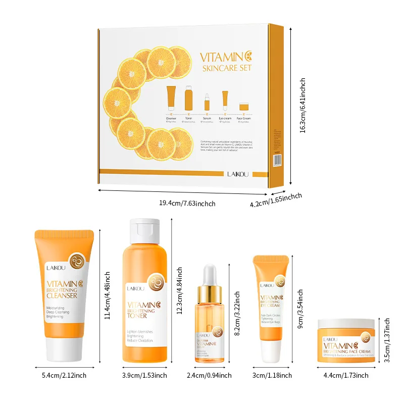 LAIKOU 5 Pezzi di Vitamina C Viso ​ Set per la cura rinfrescante Detergente per il viso Crema per gli occhi Essenza Schiarire la cura schiarente VC