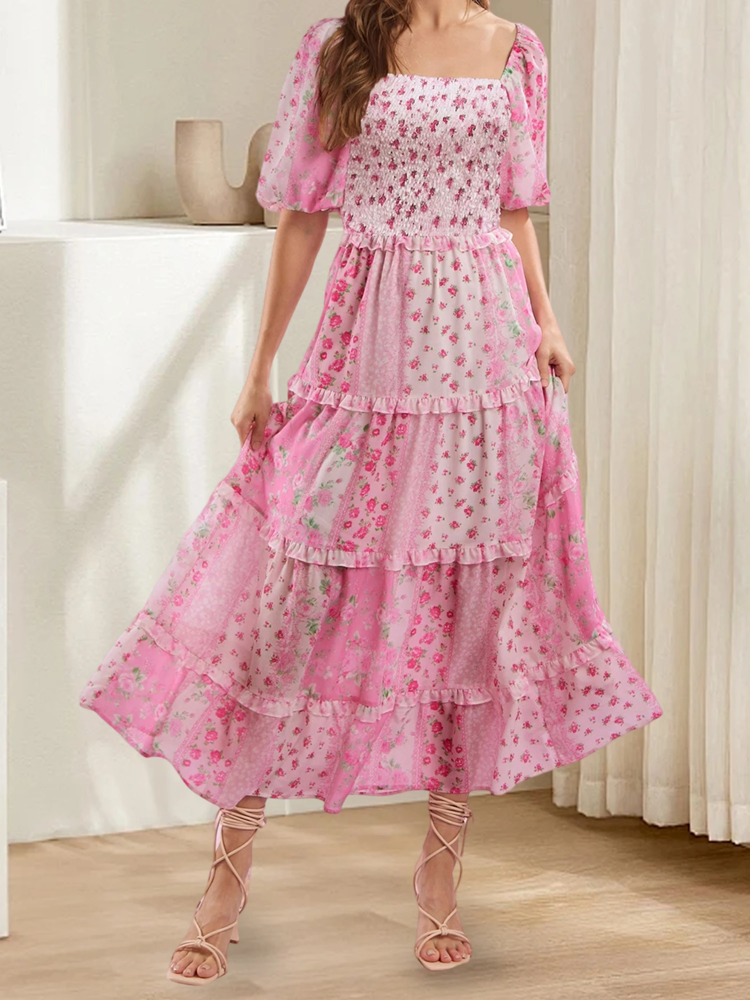 Women s Boho Chic Maxi Dress with Off-Shoulder Ruffle Detail and Vibrant Floral Print for Summer Beach Vacation