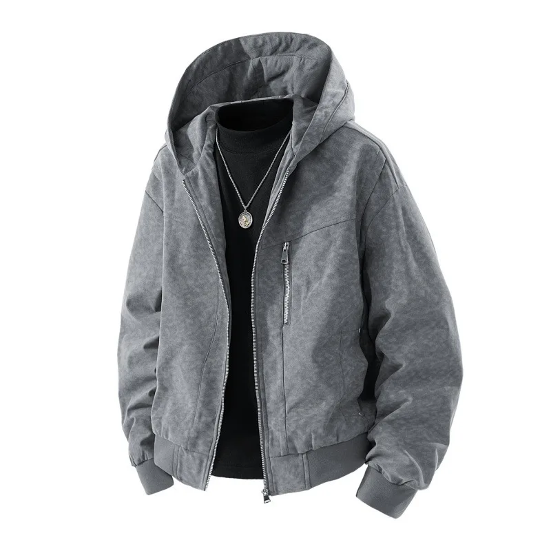 Man Cargo Jacket Autumn High Street Windproof Washed Printed Loose Men Outerwear Long Sleeve Zipper Casual Male Hooded Coat