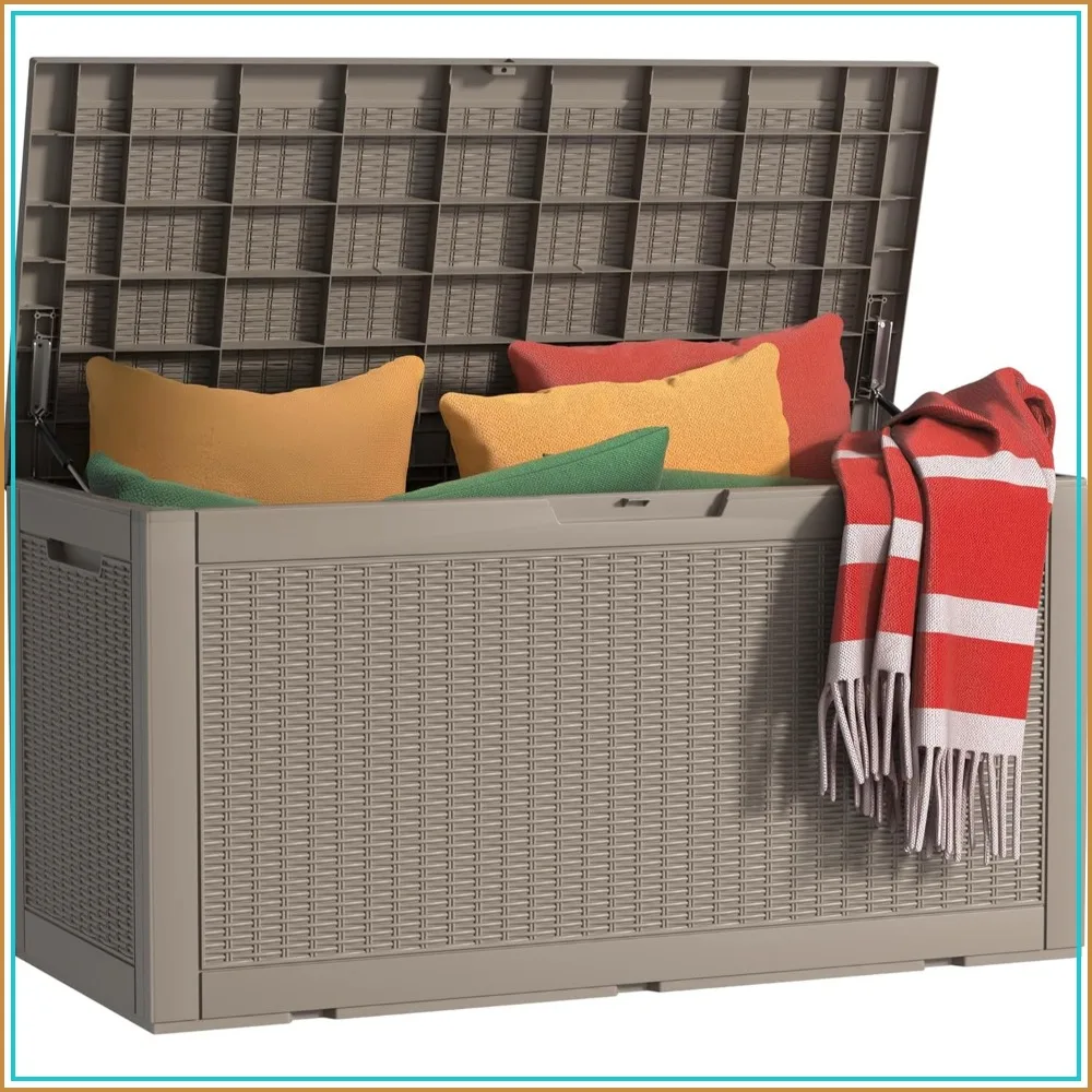 120 Gallon Waterproof Resin Outdoor Storage Deck Box with Hydraulic Rod, Rattan Gray