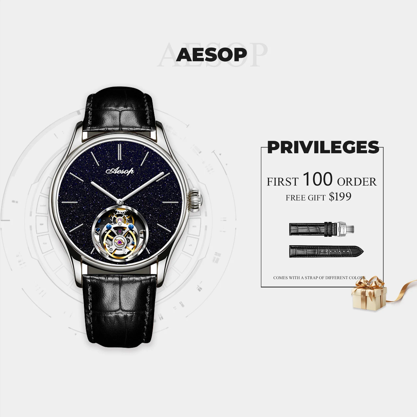 AESOP Men's Eccentric Tourbillon Manual Mechanical Watch Starry Sky Trend Light Luxury 3ATM Waterproof Watch with Leather Strap