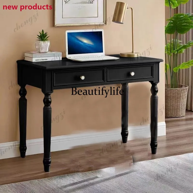 A68French retro black desk, antique solid wood home, small apartment computer desk, learning and writing desk