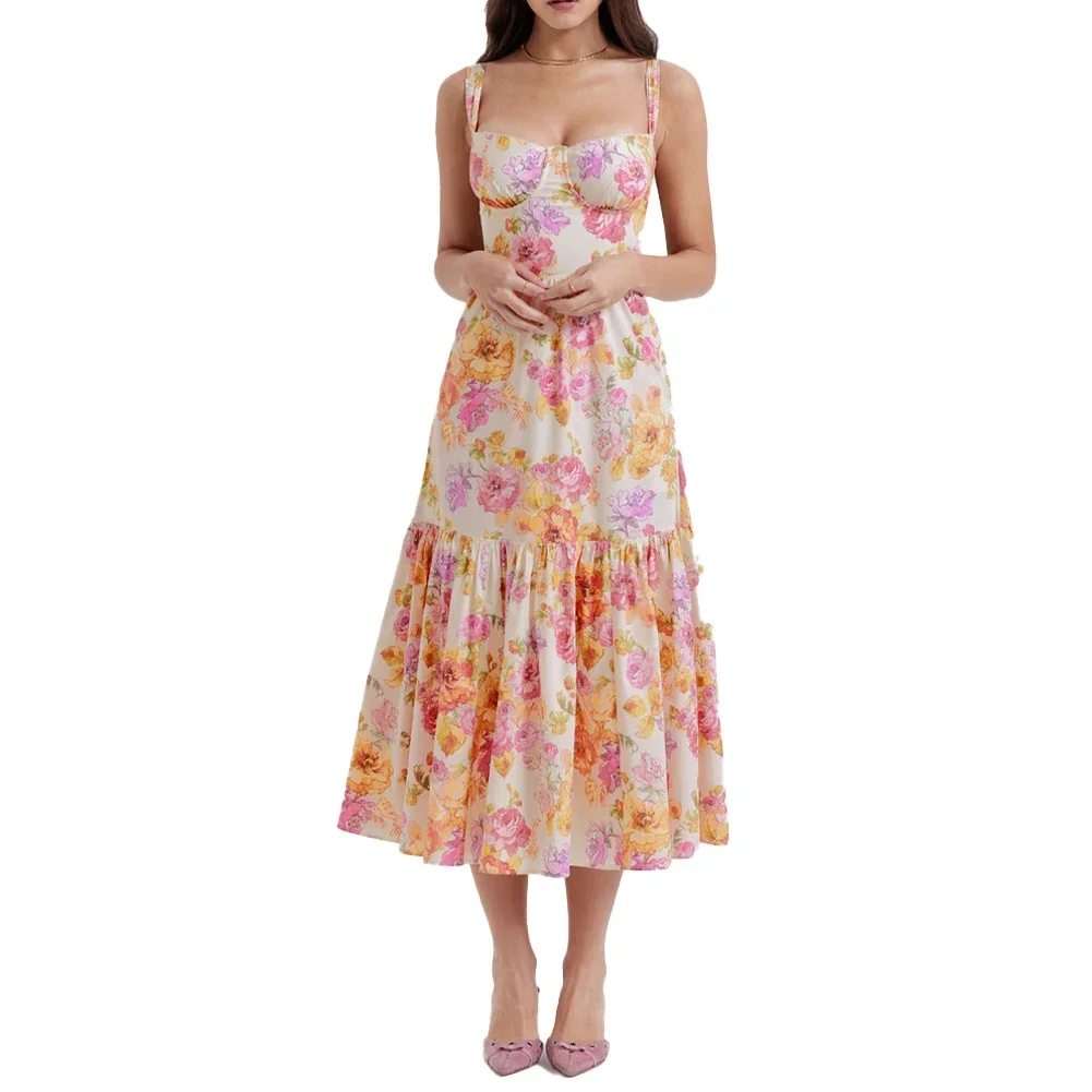 Womens 24 Spring Summer Sweet Spicy Style Long Skirts A-hem Floral Cake Dress